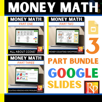 Preview of 136 MONEY & CONSUMER MATH Google Slides! Coins, Dollars, Word Problems