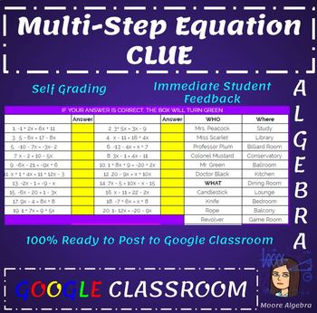 Preview of Google Classroom: Multi-Step Equation Clue