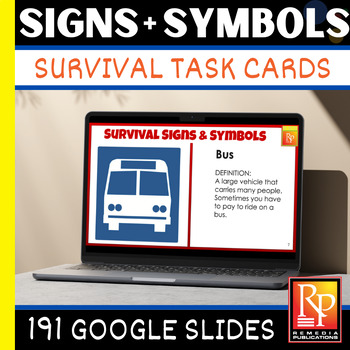 Preview of 191 Google Slides: SURVIVAL SIGNS, SYMBOLS: SELF CHECKING FLASH CARDS Special Ed