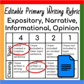 Preview of Google Docs ™︱Editable Detailed Primary Writing Rubric