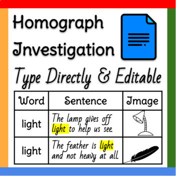 Preview of Google Docs ™︱Homograph Practice Type Direct Graphic Organizer Chart Map