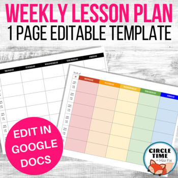 Google Docs Lesson Plan Template Editable Weekly Teacher Planner One Page