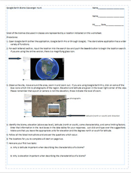 Preview of Google Earth Biome Scavenger Hunt  Publisher Document with Answers