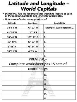 Latitude And Longitude Worksheet World Teachers Pay Teachers