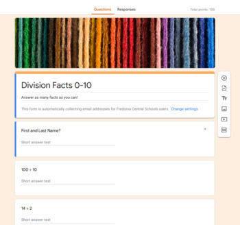 Preview of Google Form Division Fluency Assessment: 100 Facts! Distance Learning