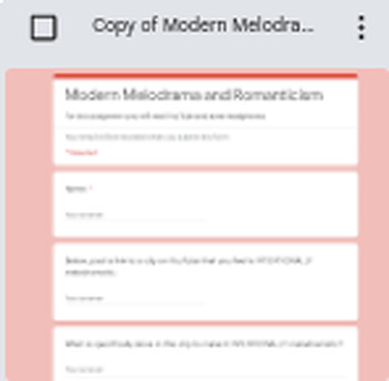 Preview of Google Form: Drama Digital Worksheet - Modern Melodrama and Romanticism