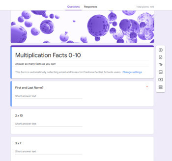 Preview of Google Form Multiplication Fluency Assessment: 100 Facts! Distance Learning