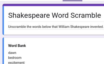 Preview of Google Form: Words William Shakespeare Invented Digital Word Scramble