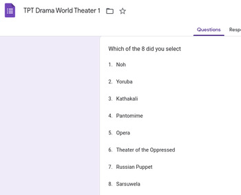 Preview of Google Form: World Theater Digital Worksheet - Drama