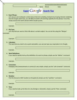Preview of Google Search Expert Worksheet - Internet Research