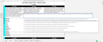 Preview of Google Sheets 4th Grade Lesson Plan Template (Drop Down Lists for TEKS & SE)