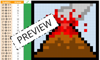 Preview of Google Sheets: 9s Division Facts Pixel Art (Volcano)