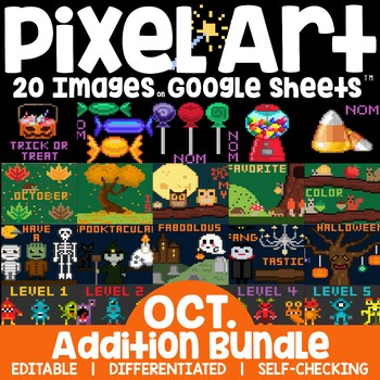Preview of Pixel Art Math Addition and Subtraction Facts Google Sheets October Bundle