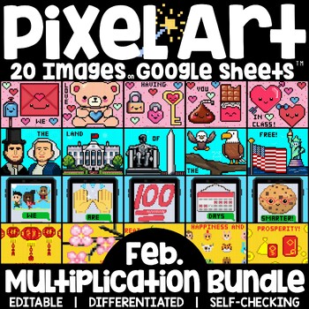 Preview of Pixel Art Math Multiplication & Division Facts on Google Sheets February Bundle