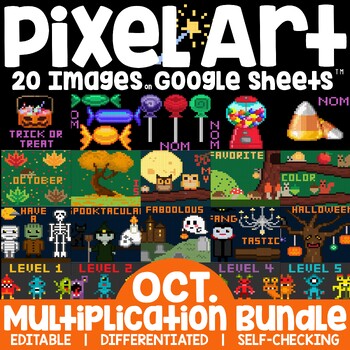 Preview of Pixel Art Math Multiplication and Division Facts Google Sheets October Bundle