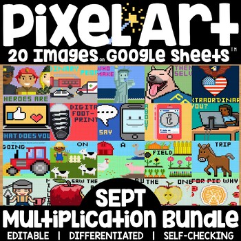 Preview of Pixel Art Math Multiplication and Division on Google Sheets: September Bundle