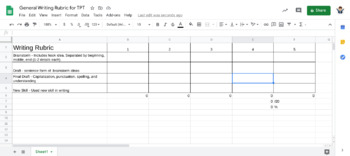 Preview of Google Sheets General Writing Rubric