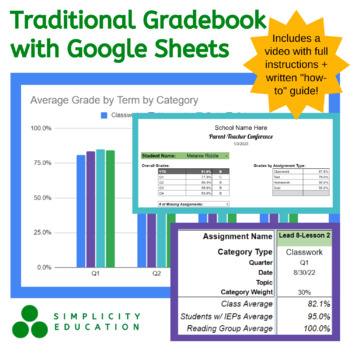 Preview of Google Sheets Gradebook Tracker: Automatic Grade Calculations & Student Reports