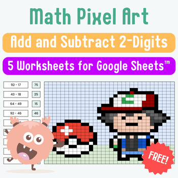 Preview of Google Sheets Math Pixel Art Addition and Subtraction Within 100 Pokemon