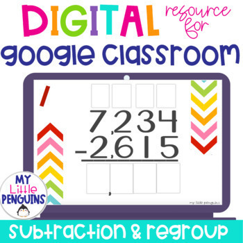 Preview of Google Slides: 4 Digit Subtraction WITH Regrouping | Easel Activity | Distance