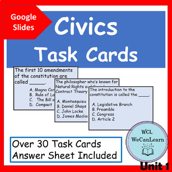 Preview of Google Slides Civics Task Cards Unit 1