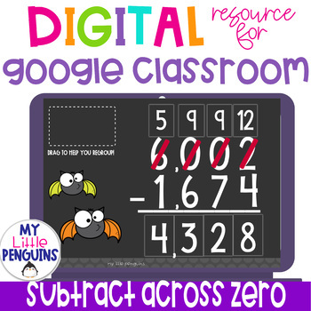 Preview of Google Slides: Subtract Across Zero 4 Digit Numbers Halloween | Distance Learn |