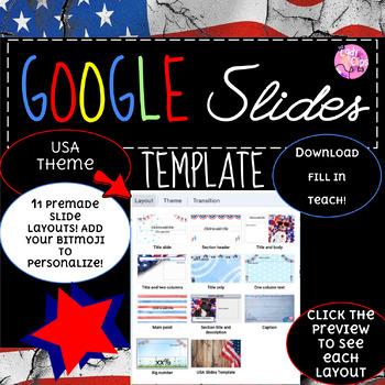 Preview of Google Slides Template// Summer //USA//Red White Blue//Pre-made//Fill in & teach