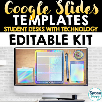 Preview of Editable Google Slides Templates Kit | Student Desks with Technology Clipart