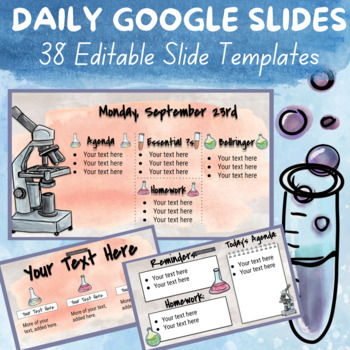Preview of Google Slides Templates, including Daily Agenda, w/ watercolor science lab theme
