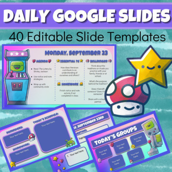 Preview of Google Slides Templates, including Daily Agenda, with Retro Video Game Theme