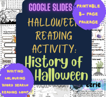 Preview of Google Slides The Origin of Halloween Reading Packet with Activities Int/Junior