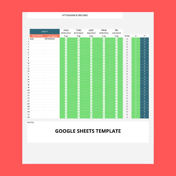 Preview of Google sheets attendance record tracker, Class schedule, and Homework tracker