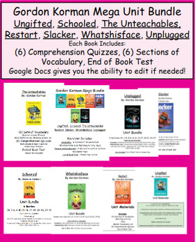 Preview of Gordon Korman MEGA Unit Bundle - 7 Books! Ungifted, Slacker, Unplugged & More