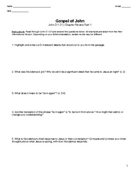Preview of Gospel of John Chapter 3 | Review Questions Worksheet (Parts 1 & 2)