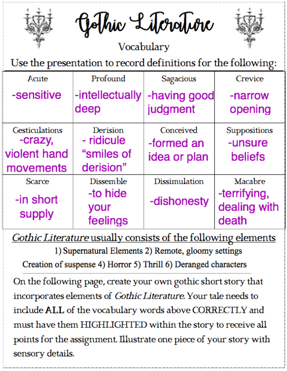 Gothic Literature Vocabulary Activity // The Tell Tale ...