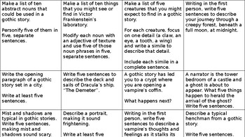 Preview of Gothic horror, homework task grid, cover, writing activities