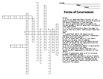 Forms Of Government Crossword Worksheets Teaching Resources Tpt