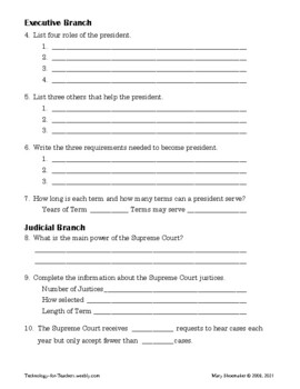 Preview of Government Branches: Internet Worksheet