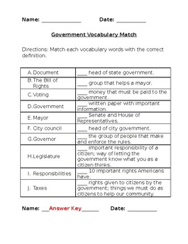 Government, Citizenship, Taxes Vocabulary Matching Worksheet | TPT
