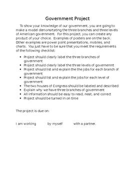 Preview of Government Model Hands On Project Directions and Rubric Civics America