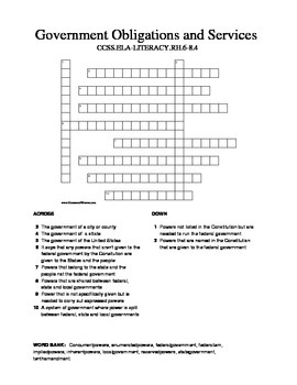 Preview of Gov't Obligations/Services Crossword CCSS.ELA-LITERACY.RH.6-8.4, SS.7.C.3.14
