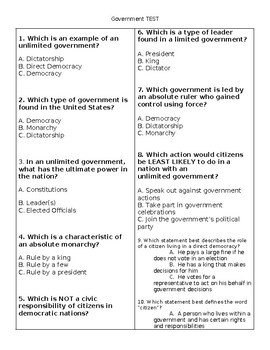 Preview of Government Test-Assessment (Pre/Post)