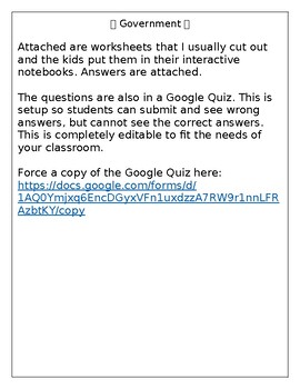 Preview of Government Worksheets and Digital Google Form Quiz