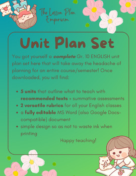Preview of Gr. 10 English Unit Plans - 5 Units Guide with Versatile Rubrics (Editable)