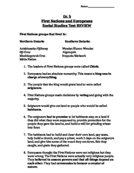 Preview of Gr 5 Social Studies - First Nations and Europeans - Unit Review and Test