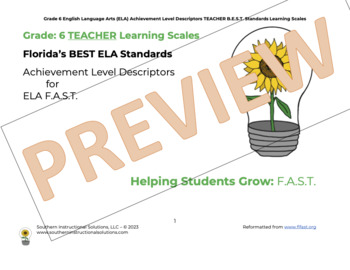 Preview of Gr. 6 ELA BUNDLE Florida BEST Learning Scales for FAST (Teacher & Student Cards)