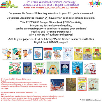 Preview of 2nd Grade Wonders Unit 3 Anthology Authors and Topics Digital Book BINGO