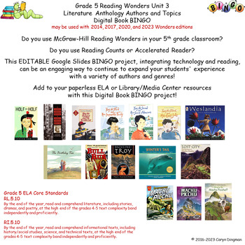 Preview of 5th Grade Wonders U3 Literature Anthology Authors & Topics Digital Book BINGO
