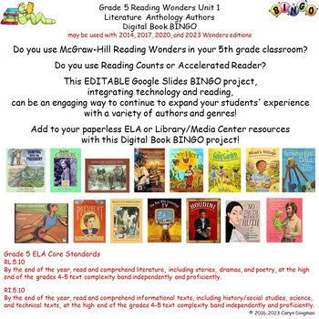 Preview of 5th Grade Wonders Unit 1 Literature Anthology Authors Digital Book BINGO
