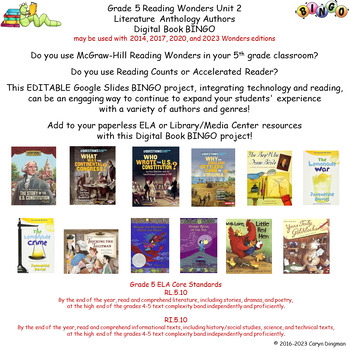 Preview of 5th Grade Wonders Unit 2 Literature Anthology Authors Digital Book BINGO